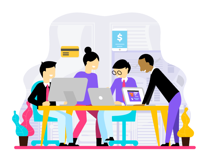 Graphic of four people reviewing a pricing plan on computers